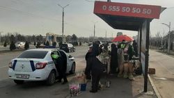 Патрульные не могут разогнать продавцов тюльпанов на остановке на Южной магистрали. Видео