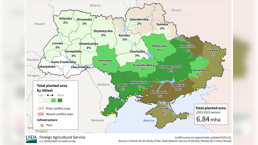 Посевы озимой пшеницы в Украине, охваченные войной
