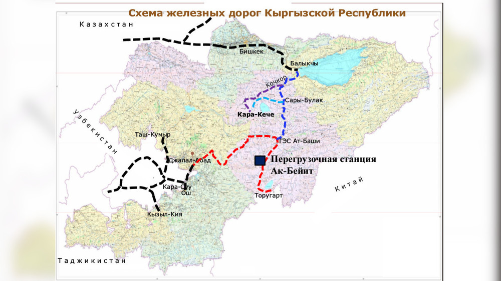 Предполагаемый маршрут ЖД Китай-Кыргызстан-Узбекистан в 2017 году (красная линия)