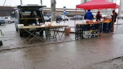 Возле остановки на Тыныстанова продают скоропортящиеся продукты. Фото