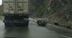 На разных участках дороги в перевале Ала-Бель лежат упавшие камни <i>(видео)</i>