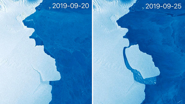На спутниковых снимках виден айсберг до и после того, как он откололся от ледника