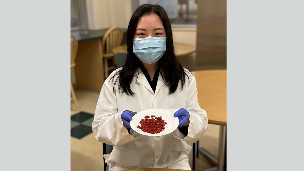 Сян Ли, кандидат наук в области биологии питания, держит небольшую порцию сушеных ягод годжи