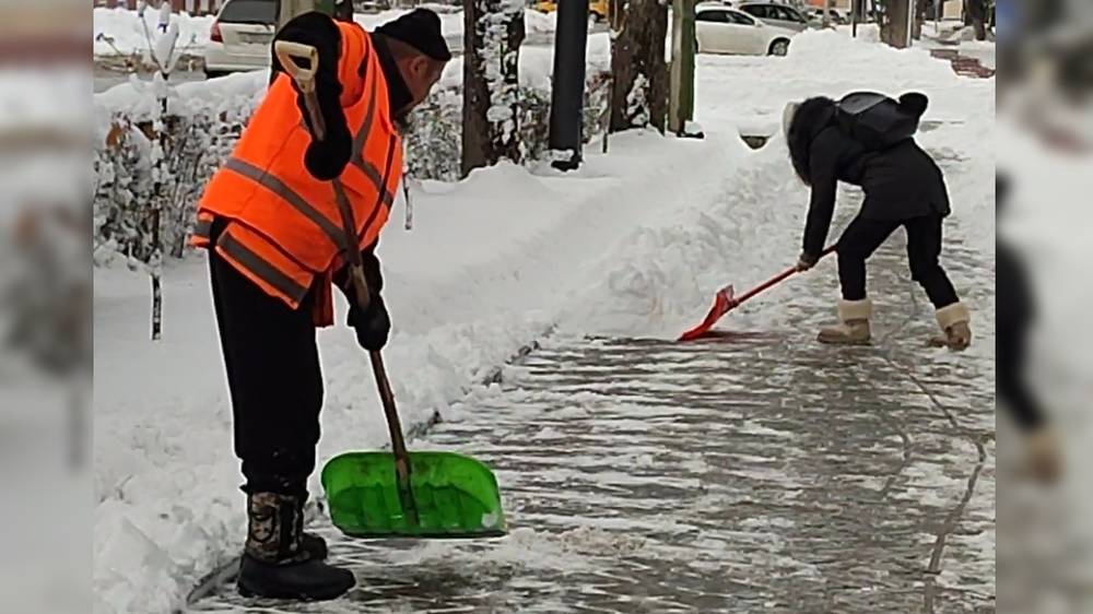 Девушка помогает дворникам убирать снег с тротуаров Бишкека. Видео