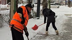 Девушка помогает дворникам убирать снег с тротуаров Бишкека. <b>Видео</b>