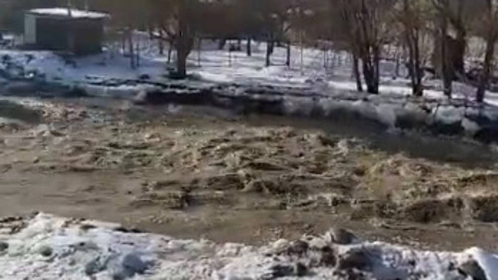 Бурный поток воды в реке Аламедин. Видео