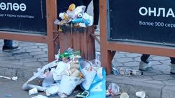 Урна на остановке на Ахунбаева забита, мусор вываливается на тротуар. Фото горожанина