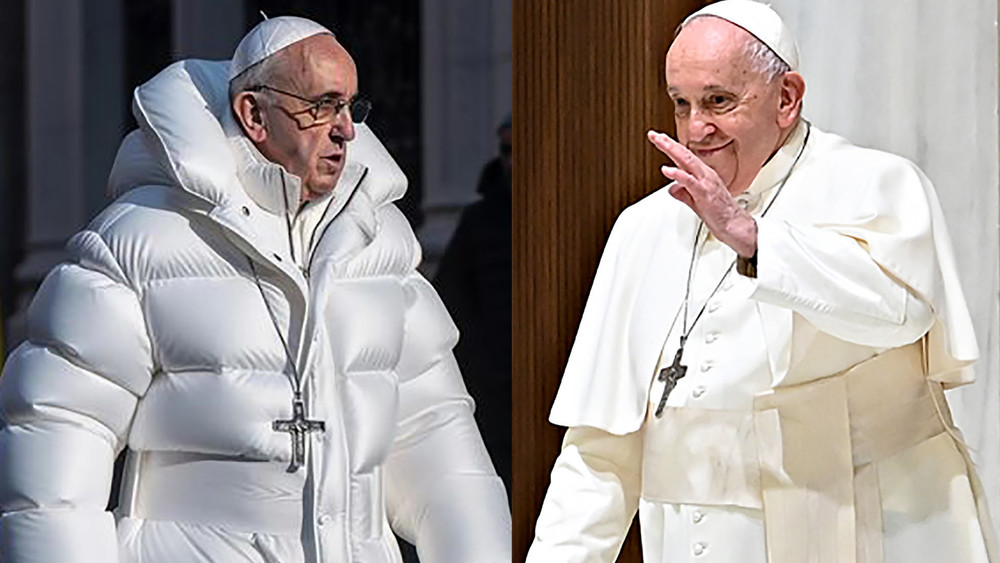Поддельное изображение Папы Франциска, созданное Midjourney AI (слева), и настоящая фотография Папы Франциска. Источник: Midjourney; АФП/Getty Images