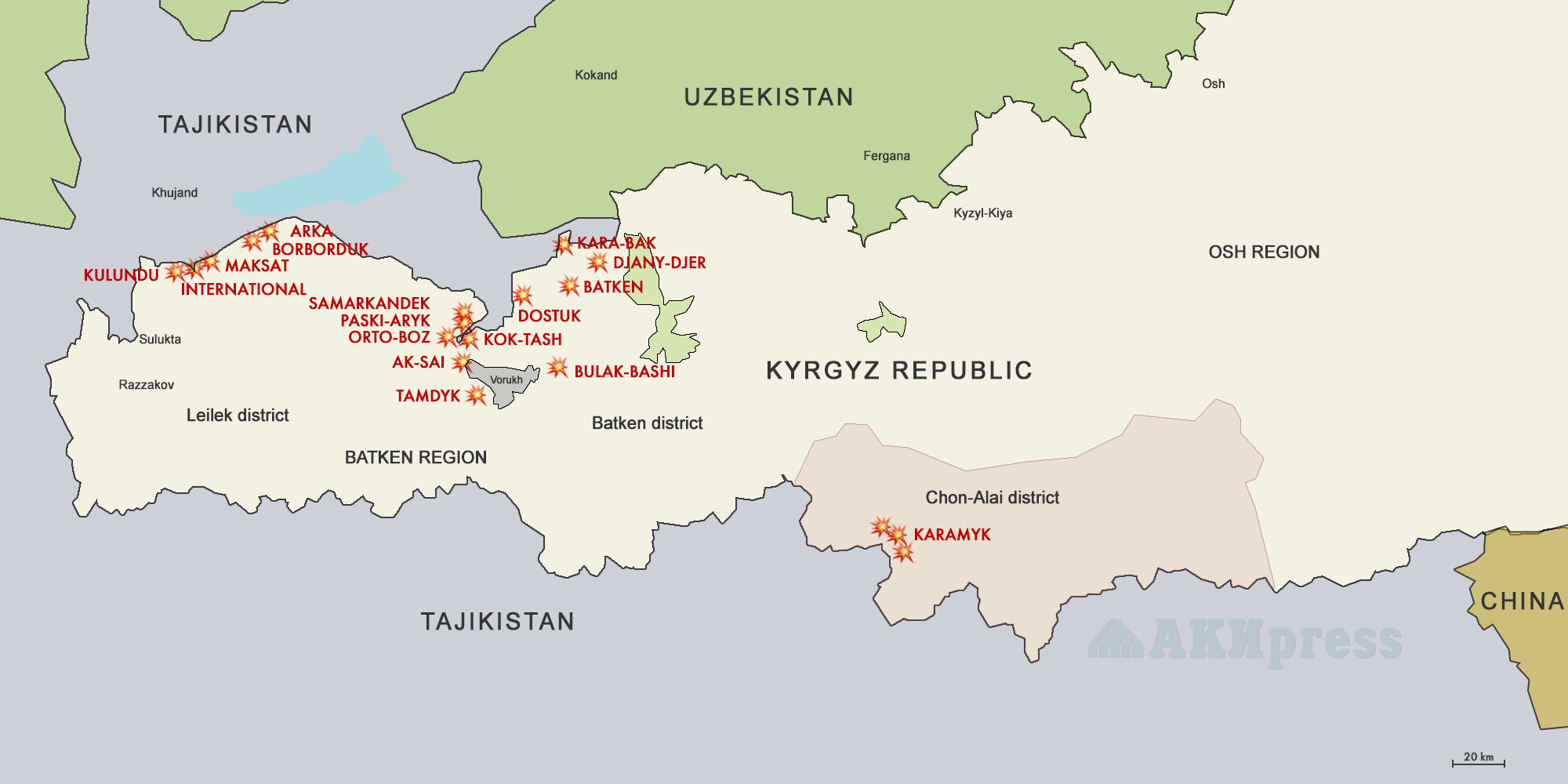 Map of the military assault by Tajik armed forces on the territory of the Kyrgyz Republic: