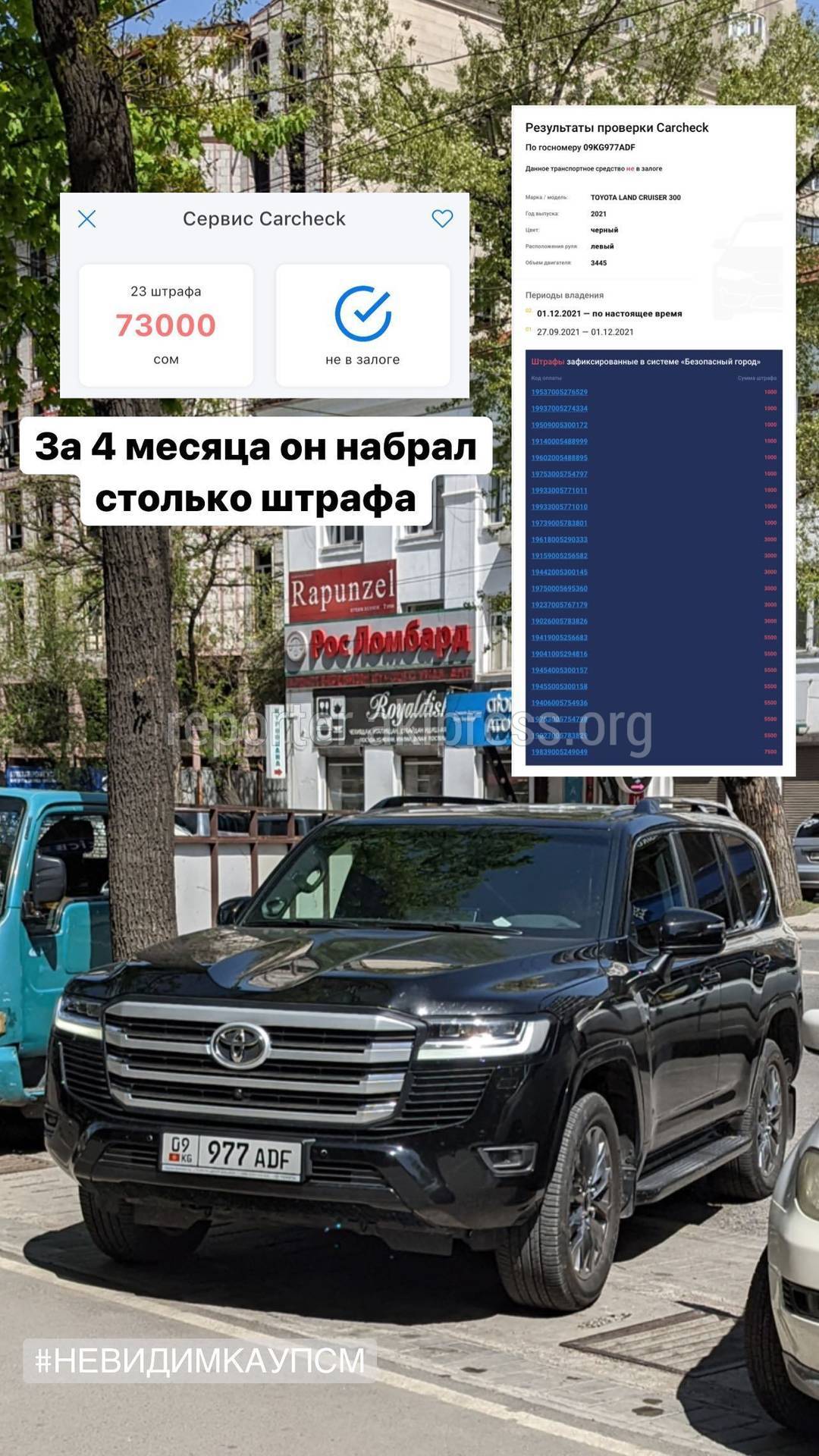 В Бишкеке замечен Toyota Land Cruiser 300 со штрафами в 73 тыс. сомов. Фото