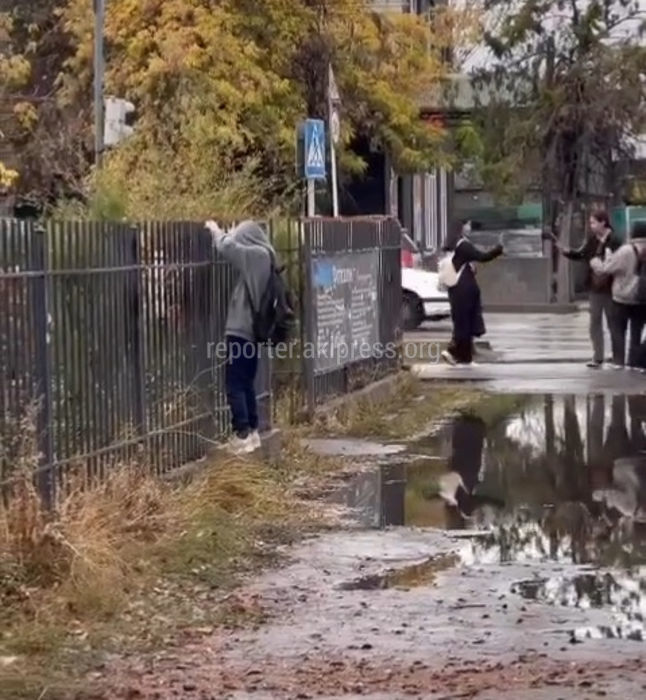 На Киркомстроме дети лезут на забор, чтобы обойти лужу. Видео