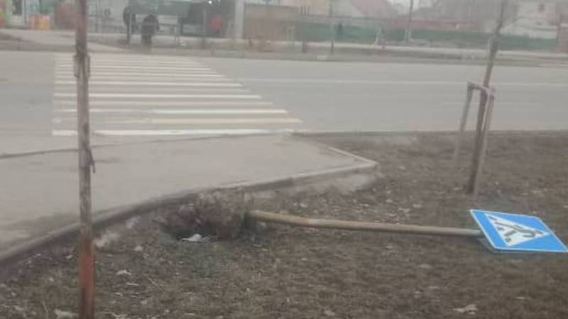 На Ахунбаева-Молдокулова дорожный знак лежит на газоне. Фото
