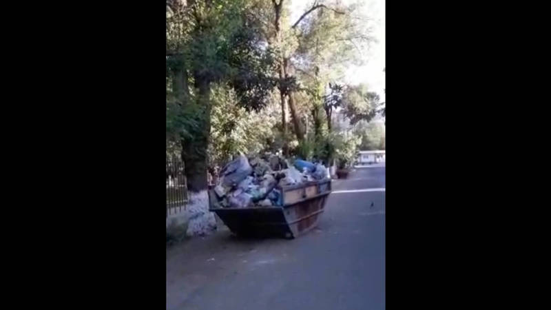По улице Шота Руставели в Оше мусорный контейнер переставили перед входом в парк. Видео