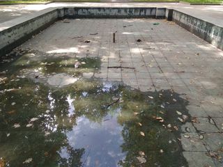 Фото — В Дубовом парке фонтан остался без внимания, скамейки демонтированы, урны сломаны