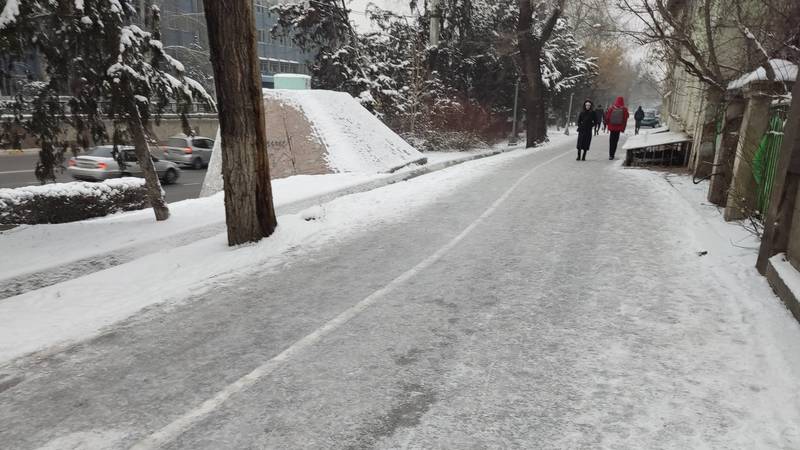 Гололед на тротуаре и велодорожке на Айтматова. Фото