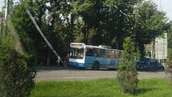 Троллейбус №5 производит посадку и высадку на пассажиров на перекрестке. Фото