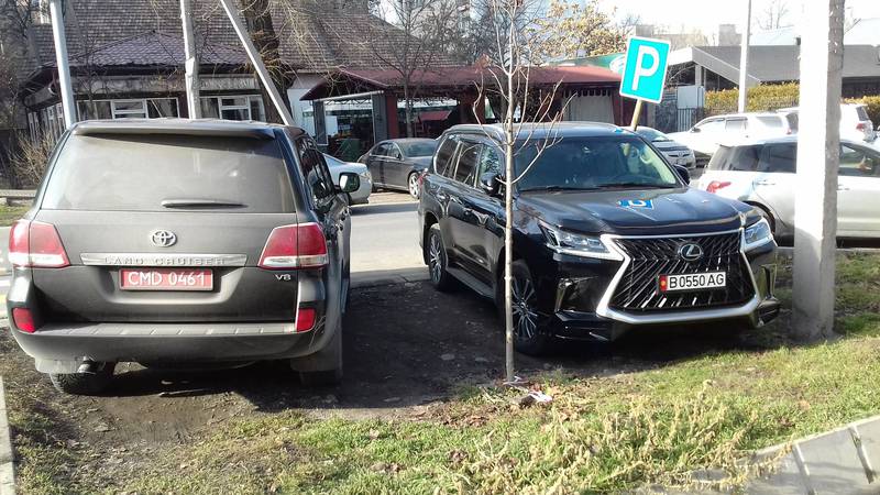 На Токтогула-Орозбекова «Тойоту» c дипномерами и «Лексус» припарковали на газоне. За «Лексусом» числятся штрафы (фото)
