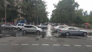 При поливе газонов на ул.Логвиненко в Бишкеке вода течет по дороге (фото)