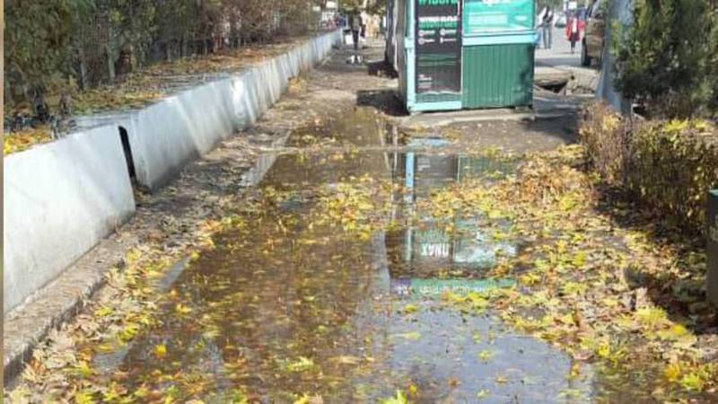 В Оше затопило тротуар вдоль проспекта Масалиева