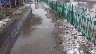 Лужи на тротуаре в центре Токмока мешают пешеходам (фото)